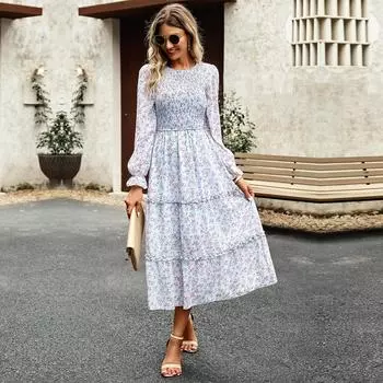 Женское осеннее элегантное длинное платье с принтом и высокой талией, с круглым вырезом и рукавами-фонариками L розовый