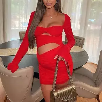 Женское осеннее элегантное вечернее платье для ночного клуба с длинным рукавом и вырезом, сексуальное мини-платье с рюшами S красный