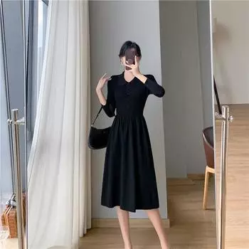 Женское осеннее белое черное трикотажное длинное платье для офиса, однотонные платья One Size чёрный