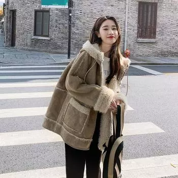 Женское осеннее и зимнее цельное пальто с искусственным мехом, утолщенное мотоциклетное хлопковое пальто с капюшоном S хаки