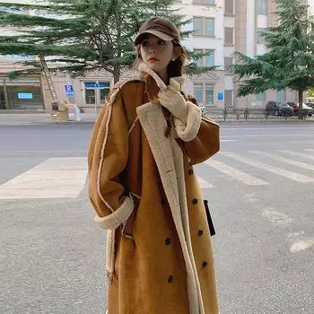 Женское осеннее и зимнее цельное пальто из искусственного меха ягненка, утолщенное длинное пальто из искусственного меха