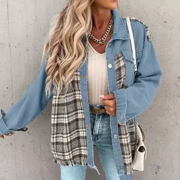 Женское осеннее и зимнее джинсовое пальто в клетку с длинными рукавами и свободный топ
