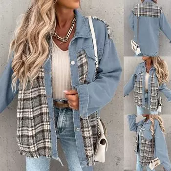 Женское осеннее и зимнее джинсовое пальто в клетку с длинными рукавами и свободный топ L светло-синий