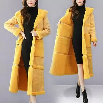 Женское осеннее и зимнее меховое пальто, длинное пальто, теплое хлопковое пальто, толстое пальто L жёлтый