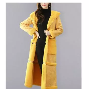 Женское осеннее и зимнее меховое пальто, длинное толстое теплое хлопковое пальто L жёлтый