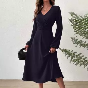 Женское осеннее и зимнее модное однотонное платье с v-образным вырезом и длинными рукавами L