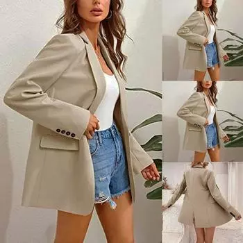 Женское осеннее и зимнее модное однотонное твидовое пальто с карманами и лацканами с длинным рукавом S бежевый