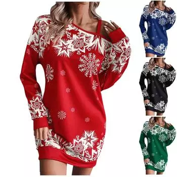 Женское осеннее и зимнее модное рождественское платье со снежинками и наклонным плечом M чёрный