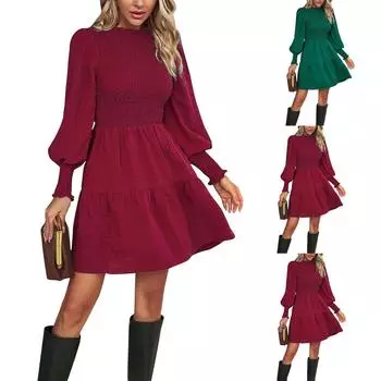 Женское осеннее и зимнее однотонное платье с короткой юбкой и длинными рукавами L