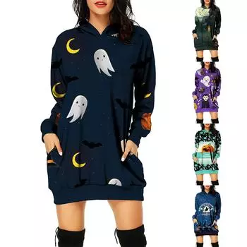 Женское осеннее и зимнее платье-толстовка с капюшоном, платье с принтом на Хэллоуин L чёрный