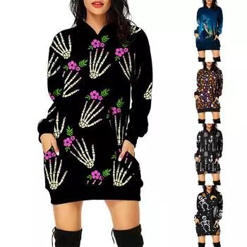 Женское осеннее и зимнее платье-толстовка с капюшоном, платье с принтом на Хэллоуин XXXL разноцветный
