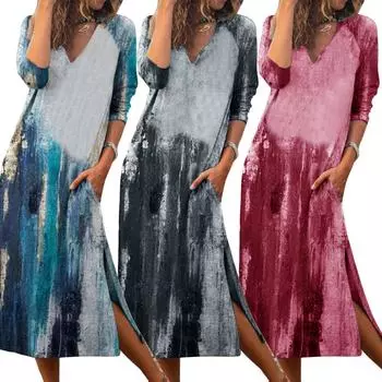 Женское осеннее и зимнее повседневное длинное платье с v-образным вырезом и старинным чернильным принтом XXL чёрный