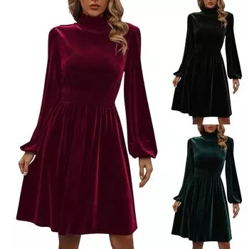 Женское осеннее и зимнее повседневное модное бархатное платье с высокой талией и длинными рукавами