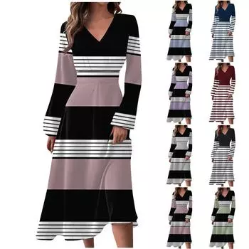 Женское осеннее и зимнее повседневное модное длинное платье с v-образным вырезом и длинным рукавом в полоску и принтом XXL фиолетовый