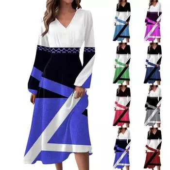 Женское осеннее и зимнее повседневное модное длинное платье с v-образным вырезом и длинным рукавом с геометрическим принтом L синий