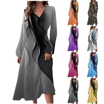 Женское осеннее и зимнее повседневное модное длинное платье с v-образным вырезом и длинными рукавами и принтом L чёрный