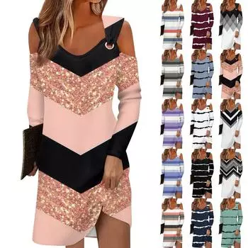 Женское осеннее и зимнее повседневное модное длинное платье с v-образным вырезом и длинным рукавом с принтом и карманом M