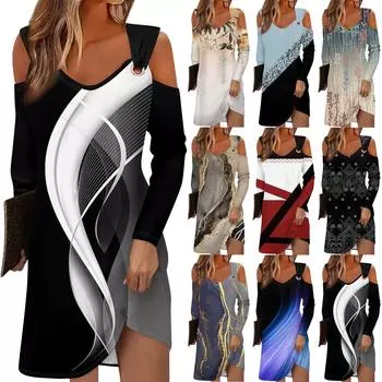 Женское осеннее и зимнее повседневное модное длинное платье с v-образным вырезом и длинным рукавом с принтом и карманом XXL