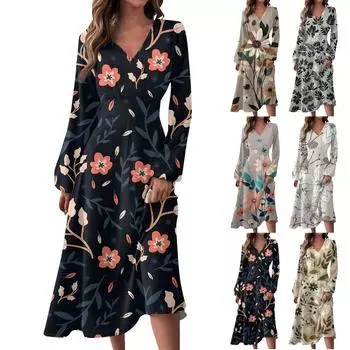 Женское осеннее и зимнее повседневное модное длинное платье с v-образным вырезом и длинным рукавом с цветочным принтом L