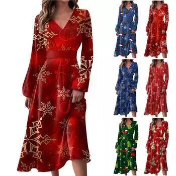 Женское осеннее и зимнее повседневное модное длинное платье с v-образным вырезом и длинным рукавом с рождественским принтом XL винный