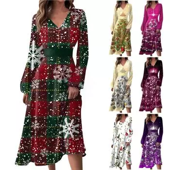 Женское осеннее и зимнее повседневное модное длинное платье с v-образным вырезом и длинным рукавом с рождественским принтом XXL красный