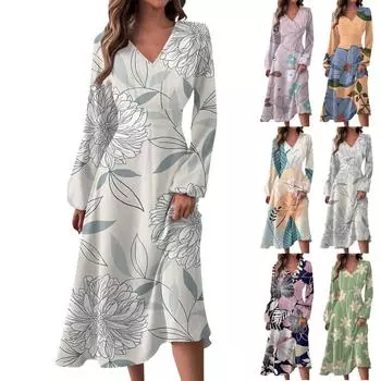 Женское осеннее и зимнее повседневное модное длинное платье с v-образным вырезом и длинным рукавом с цветочным принтом XXL