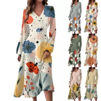 Женское осеннее и зимнее повседневное модное длинное платье с v-образным вырезом и длинным рукавом с цветочным принтом M