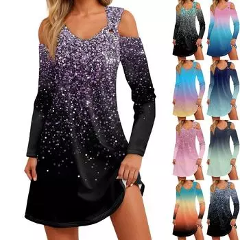 Женское осеннее и зимнее повседневное модное длинное платье с v-образным вырезом и длинным рукавом с принтом и карманом M тёмно-синий