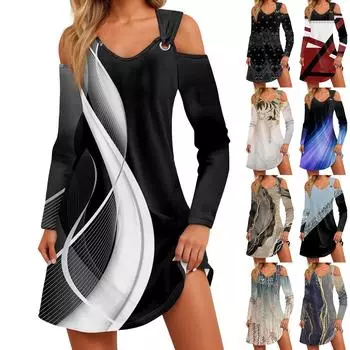 Женское осеннее и зимнее повседневное модное длинное платье с v-образным вырезом и длинным рукавом с принтом и карманом XXXL синий