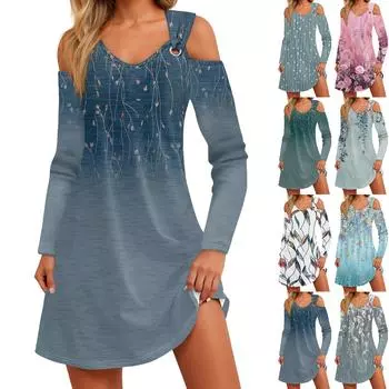 Женское осеннее и зимнее повседневное модное длинное платье с v-образным вырезом и длинным рукавом с принтом и карманом XXXL синий