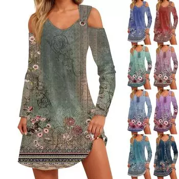 Женское осеннее и зимнее повседневное модное длинное платье с v-образным вырезом и длинным рукавом с принтом и карманом XXL