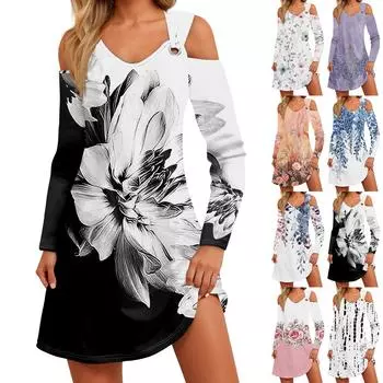 Женское осеннее и зимнее повседневное модное длинное платье с v-образным вырезом и длинным рукавом с принтом и карманом L чёрный