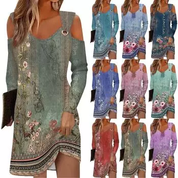 Женское осеннее и зимнее повседневное модное длинное платье с v-образным вырезом и длинным рукавом с принтом и карманом L армия зеленый