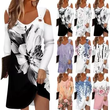 Женское осеннее и зимнее повседневное модное длинное платье с v-образным вырезом и длинным рукавом с принтом и карманом L чёрный