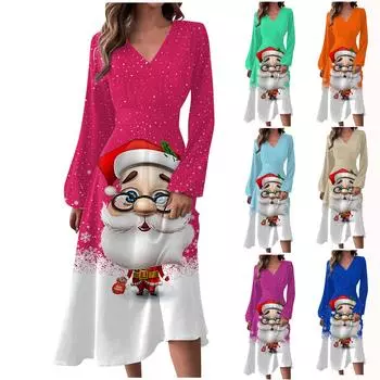 Женское осеннее и зимнее повседневное модное длинное платье с v-образным вырезом и длинным рукавом с принтом Санта-Клауса M хаки