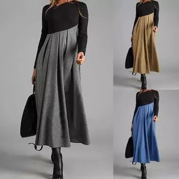 Женское осеннее и зимнее повседневное тонкое сплошное цветное платье из шерстяной ткани с длинными рукавами