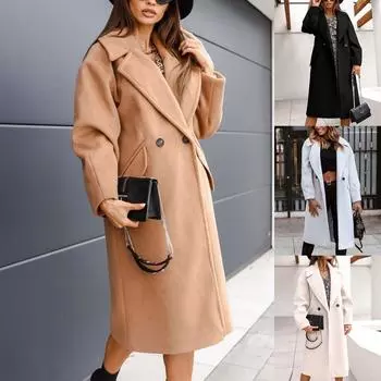 Женское осеннее и зимнее повседневное утепленное теплое пальто средней длины с длинными рукавами L бежевый