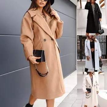 Женское осеннее и зимнее повседневное утепленное теплое пальто средней длины с длинными рукавами S чёрный