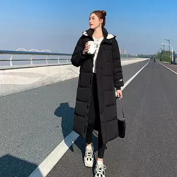 Женское осеннее и зимнее свободное длинное хлопковое пальто длиной до колена, утолщенное повседневное хлопковое пальто S чёрный