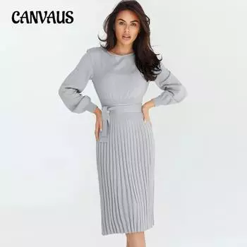 Женское осеннее и зимнее трикотажное платье, тонкое плиссированное платье-свитер средней длины S