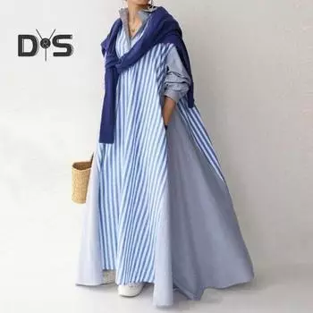 Женское осеннее макси-платье с полосатым принтом, А-силуэт, свободный подол, большие карманы, отложной воротник, длинные рукава, контрастный цвет, длина до щиколотки, женское весеннее длинное L розовый