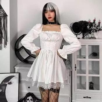 Женское осеннее милое кружевное платье трапециевидной формы с квадратным воротником и высокой талией S белый