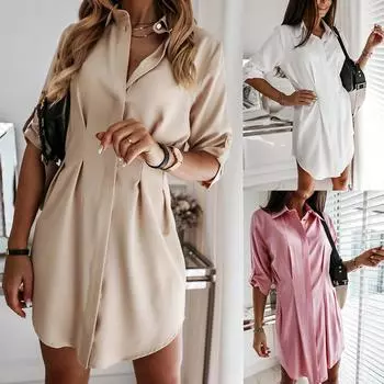 Женское осеннее мини-платье с длинным рукавом OL, женская повседневная рабочая простая рубашка, блузка, топы S розовый