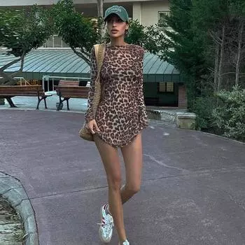 Женское осеннее модное индивидуальное прозрачное платье из марли с леопардовым принтом XS цветной печати леопарда