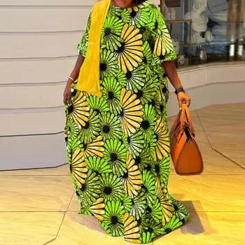 Женское осеннее модное платье А-силуэта с круглым вырезом и коротким рукавом с цветочным принтом S оранжевый