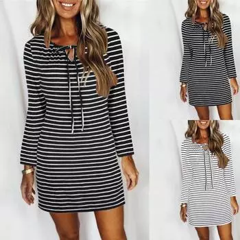 Женское осеннее модное полосатое платье с v-образным вырезом и завязками с длинными рукавами L чёрный