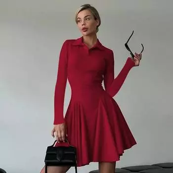 Женское осеннее модное простое платье-рубашка в стиле Spice Girl с однотонной талией S красный