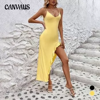 Женское осеннее модное сексуальное платье с открытой спиной и асимметричным вырезом на шее XS светло-желтого