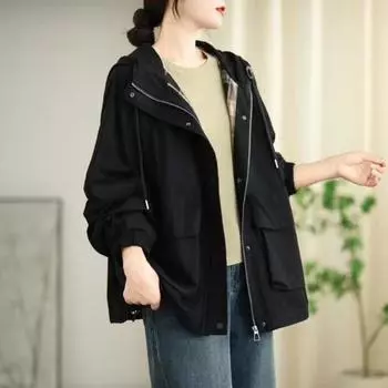 Женское осеннее модное винтажное хлопковое повседневное пальто с капюшоном корейское ретро однотонное свободное пальто на шнурке One Size кофейный