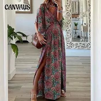 Женское осеннее новое модное платье с V-образным вырезом и короткими рукавами, свободное бохо, длинное платье с разрезом по бокам, платья с принтом S синий